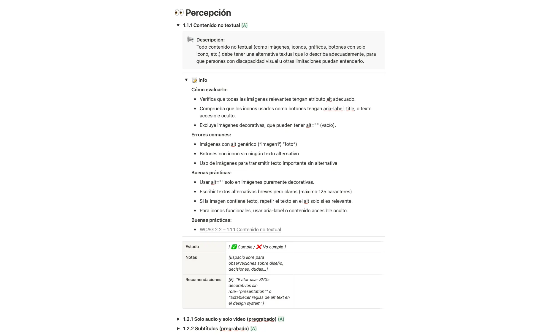Sección de documentación en Notion donde describimos los criterios de accesibilidad según las WCAG, con ejemplos, buenas prácticas y recomendaciones.