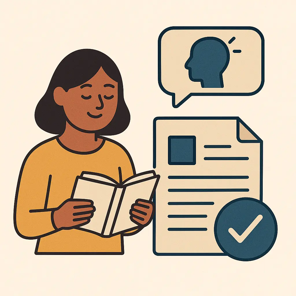 Ilustración en estilo plano de una mujer leyendo un libro. Viste una camiseta mostaza y sonríe con expresión tranquila. A su lado hay un documento con un check azul y un bocadillo con la silueta de una cabeza, representando comprensión y comunicación clara. El fondo es beige claro con líneas limpias y colores contrastados en azul oscuro y mostaza.
