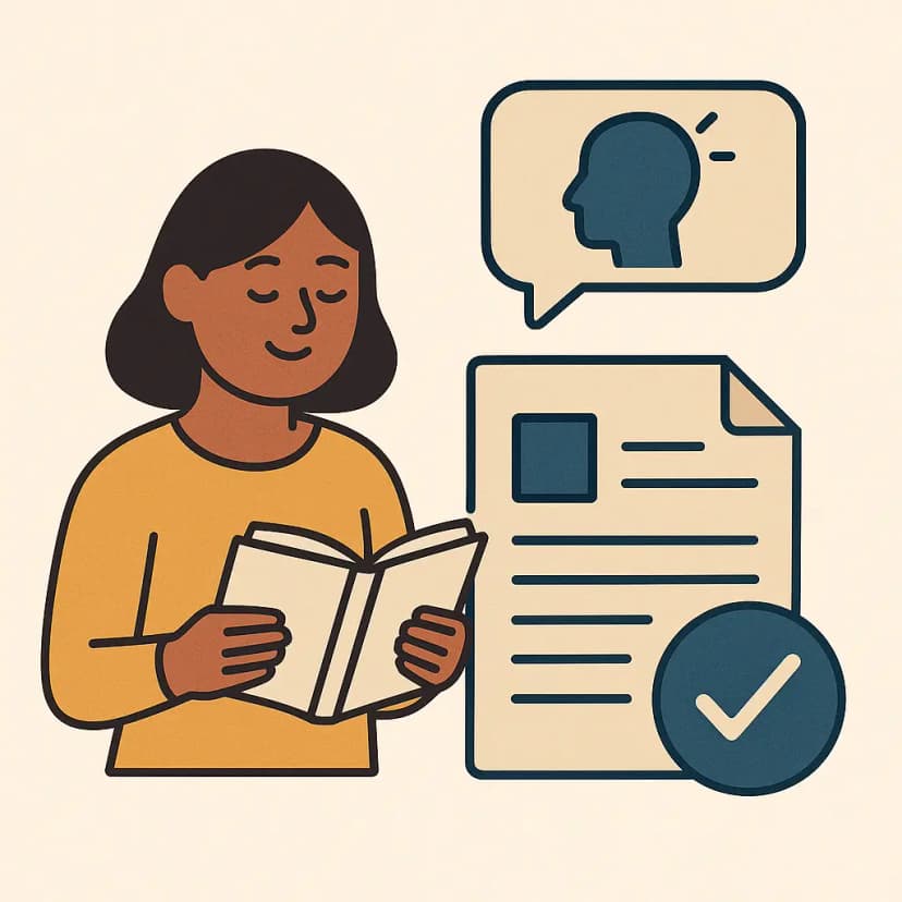 Ilustración en estilo plano de una mujer leyendo un libro. Viste una camiseta mostaza y sonríe con expresión tranquila. A su lado hay un documento con un check azul y un bocadillo con la silueta de una cabeza, representando comprensión y comunicación clara. El fondo es beige claro con líneas limpias y colores contrastados en azul oscuro y mostaza.