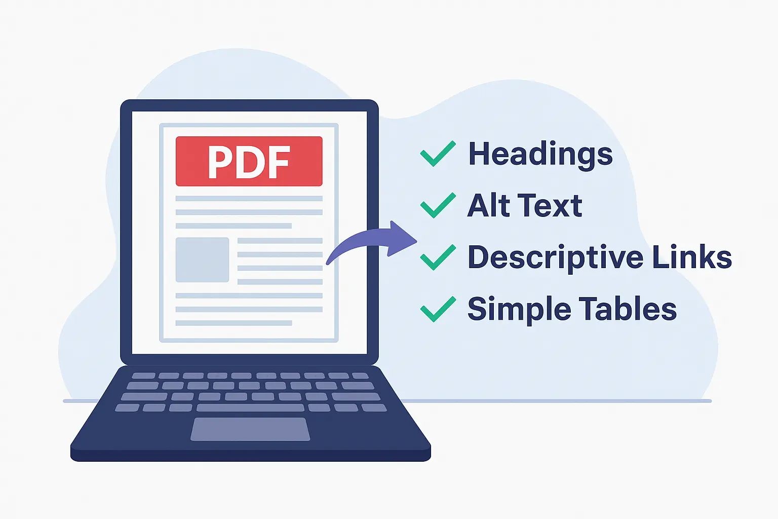Computadora portátil con un documento PDF en pantalla. A la derecha, hay una lista para hacer un PDF accesible: usar encabezados, texto alternativo para imágenes, enlaces descriptivos y tablas simples.