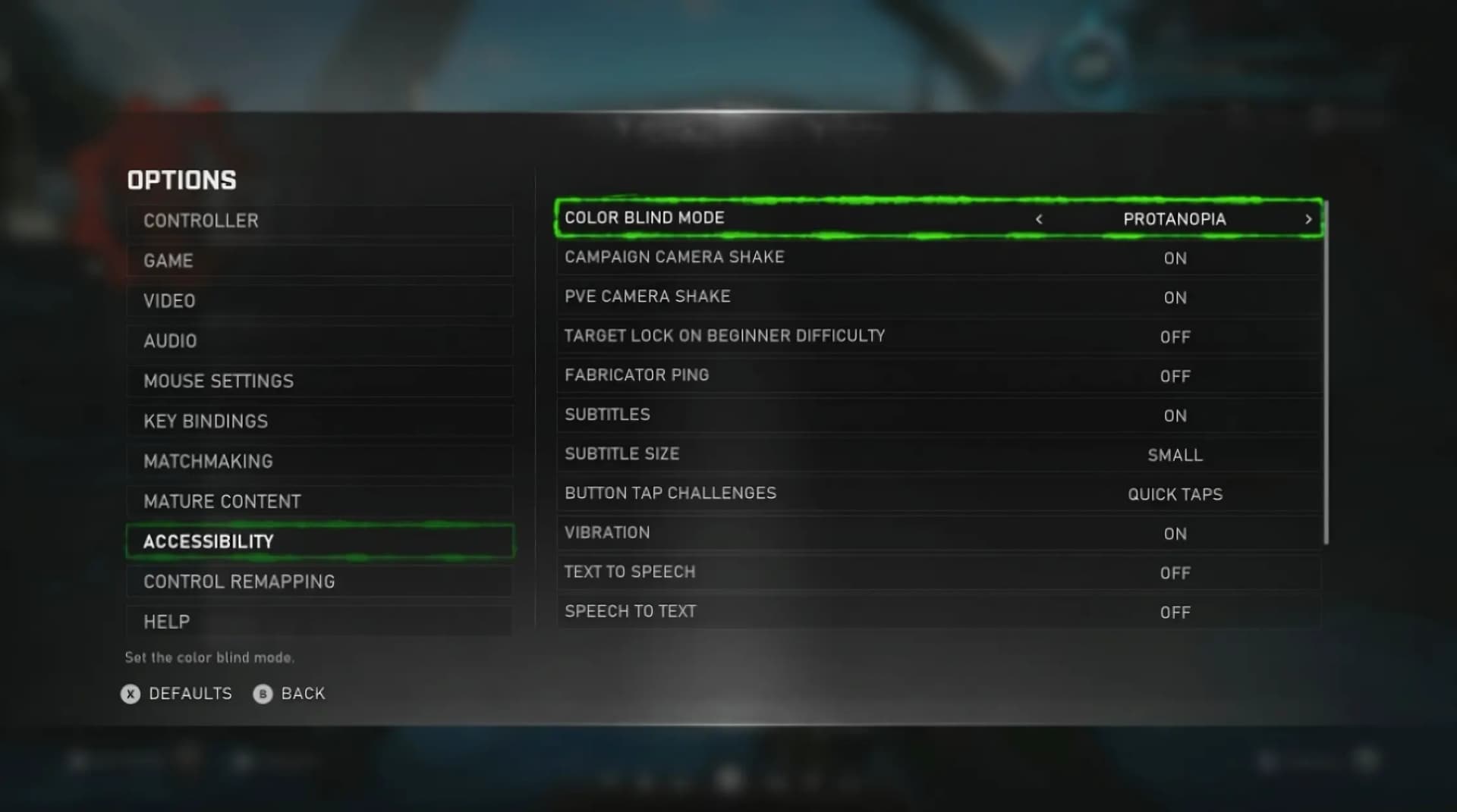 Pantalla de configuración en donde aparecen varias opciones para modificar los parámetros relacionados con accesibilidad de color.